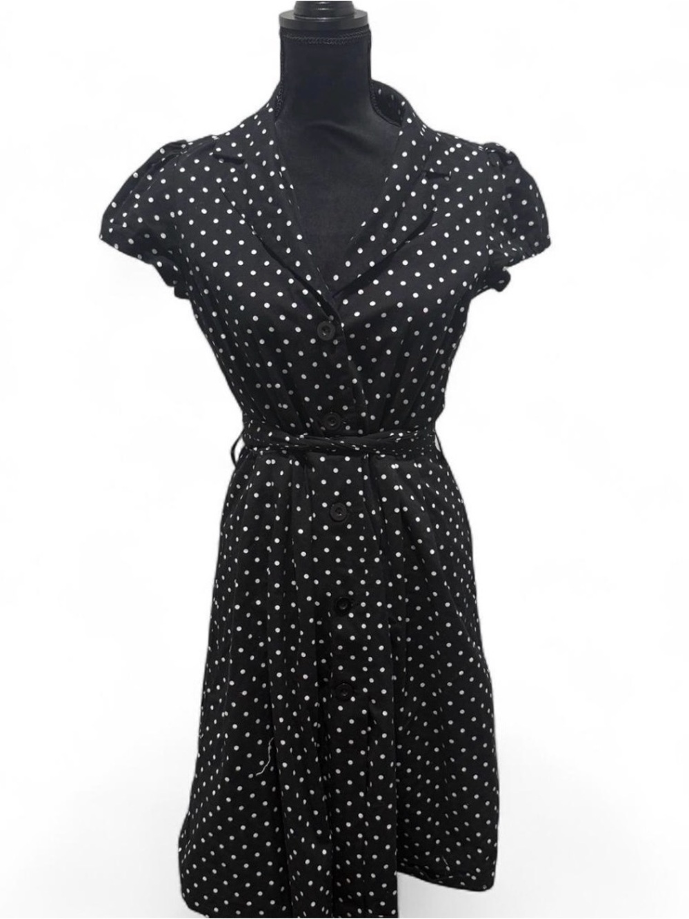 VTG Polka Dot Cap Sleeve Coquette 60s Like Midi Dress Wrap Tie Button Down M
